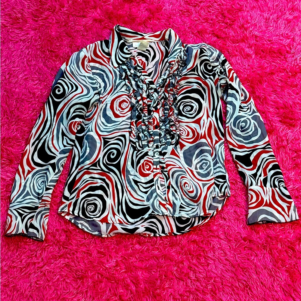 Worthington Black and White Ruffled Long Sleeve Button Down Shirt A010